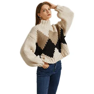 YT Loose Square Pattern Patchwork Round Neck Fashionable Pullover For Women Knitted Sweater