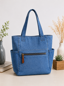 Blue <b>Canvas</b> <b>Tote</b> Bag Reusable Shopping Carryall Long Reinforced Handle Button Closure Utility Bag for Daily Travel - Product Image 3