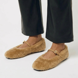 Ballerine OEM con Punta Rotonda in Pelliccia di Coniglio per <span class=keywords><strong>Donna</strong></span>, Vendita all'Ingrosso, Taglie Grandi, con Cinturino e Fibbia, <span class=keywords><strong>Scarpe</strong></span> Casual Invernali Stile Mary Jane Color <span class=keywords><strong>Cammello</strong></span> - Product Image 5