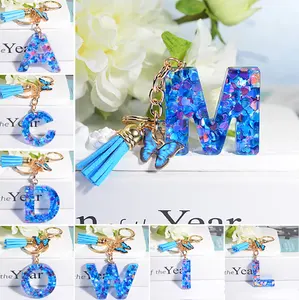 Wholesale Blue Butterfly Fashion Mini Cute Metal Tassels Resin Key Chain Custom Letter Initial Acrylic Plastic Keychain