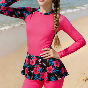 Maillot de bain à manches longues pour filles avec haut à jupe imprimé floral et bas <span class=keywords><strong>capri</strong></span>, ensemble modeste trois pièces tanga pour adolescentes - Product Image 5