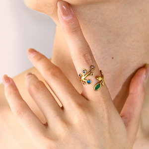 18K Gold Plated Stainless Steel <b>Adjustable</b> <b>Ring</b> New Rainbow Zirconia Leaf Design for Wedding Engagement Party Anniversary - Product Image 3