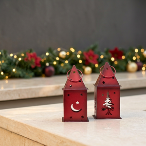 Wholesale Red Metal <b>Christmas</b> Lanterns With Star Moon And <b>Tree</b> Cutouts For <b>Christmas</b> Home Decoration - Product Image 1