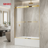 Porte de douche coulissante à double rouleau finition or de haute qualité, en verre trempé, pour salle de bain moderne, avec système bypass pour douche et baignoire