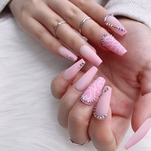 TSZS <span class=keywords><strong>2022</strong></span> <span class=keywords><strong>Faux</strong></span> ongles longs roses faits à la main de luxe à coller avec strass, forme cercueil personnalisée - Product Image 1