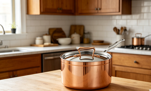 Casserole en acier inoxydable avec poignée en or rose de luxe, pot à lait avec accent en cuivre et couvercle en verre - Product Image 6