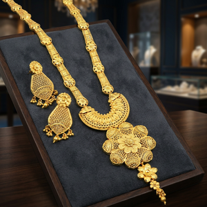 Wholesale Brass 14K 18K 24K Micro Gold Plated <b>Long</b> <b>Necklaces</b> & Earrings Set Traditional Flower Design Women's Wedding Jewelry - Product Image 6