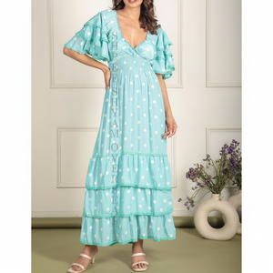 Collection chaude de soie Vibrant Beach Prints longue robe de créateur pour les femmes col plongeant, trois couches de soie imprimé femmes robe d'été - Product Image 1