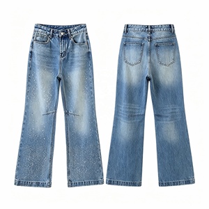 Vaqueros de mujer de cintura alta, corte de bota, estilo sexy urbano, vintage, lavados, 100% algodón, de tela gruesa, con pedrería de diseñador, pantalones de mezclilla. - Product Image 1