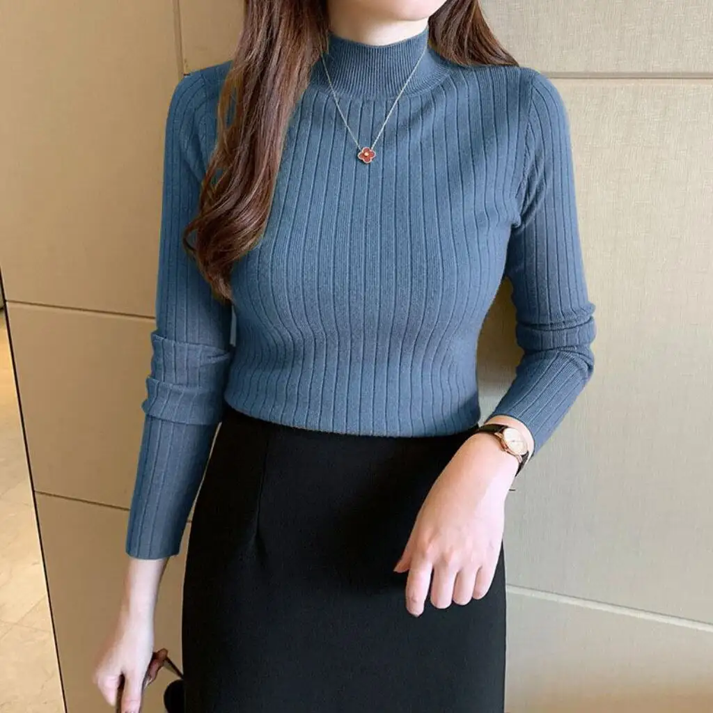 One size Knitted sweater Half high collar solid color base shirt Wearing a medium neckline long sleeved top inside and outside