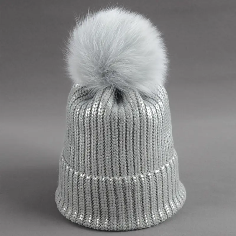 N762 Khá Tráng Vàng Dệt Kim Mũ Với 16Cm Real Raccoon Tóc Pom Pom Beanie Len Mềm Ấm Mùa Đông Mũ Cho Phụ Nữ