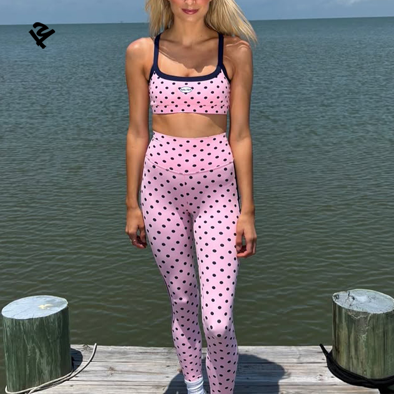 Activewear Gym Outfit Slim Fit Stretchy Women Pink Polka Dot Sports Bra High Waist Yoga Leggings 2 Piece Set