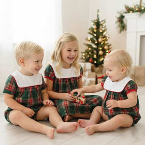 Vestitini per Bambine in Flanella <span class=keywords><strong>Verde</strong></span> Tartan con Monogramma, Maniche Corte, Colletto a Bavaglino, Costume da Babbo Natale, Tutina a Bolle per Natale - Product Image 1