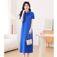 Nouvelle Robe Polo Longue en Coton Été 2026 à Manches Courtes, Broderie, Coupe Évasée, Longueur au-dessus du Genou, Ample et Amincissante, Décontractée pour Femme