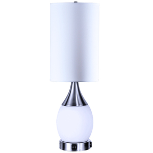 Lámpara de Noche Moderna de Metal y Vidrio para Hoteles, Lámpara de Escritorio de Níquel Cepillado con Pantalla de Tela Blanca y Cuerpo de Hierro - Product Image 1