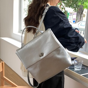 New Stylish Silver <b>Large</b>-Capacity Commuting <b>Backpack</b> for <b>Women</b> Versatile PU Material Polyester Lining Soft Handle Button Closure - Product Image 1
