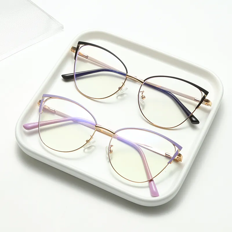 2024 logotipo personalizado de moda, gafas ópticas de luz azul para mujer, gafas ópticas de ojo de gato de Metal para ordenador, montura de gafas de luz anti-azul