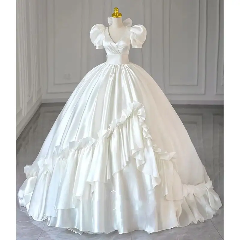 Summer French light court wedding dress vestido de novia princess elegant ball gown white satin wedding gowns for bride 2023