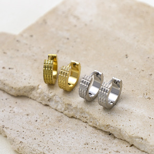 Hoop Earrings Geometric Pattern Micro Insert Gold Steel Color Round Fashion Jewelry Set - Product Image 2