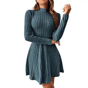 Wholesale Solid Color Simple Natural Autumn Elegant Knit Bodycon <b>Dresses</b> Long Sleeve Half High Neck for Women - Product Image 4