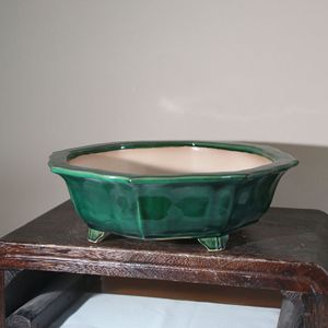 Pot à bonsaï en céramique octogonal, vert, émaillé, fait main, style japonais, pour plantes d'intérieur - Product Image 3