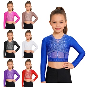 Girls V Neck Rhinestone Crop Top Mesh Long Sleeve Sparkle Dance Gymnastics Tops Kids Practice Wear Shiny Performance Custom - Product Image 1