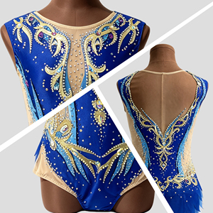 Traje de competición de gimnasia rítmica sin mangas para niñas, de spandex/algodón, azul y dorado con pedrería, para actuaciones infantiles - Product Image 2