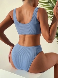 Liso acanalado espalda correas cruzadas descarado trasero Pretty Girls trajes de baño 2 piezas Bikini traje de baño ropa de playa traje de baño de cintura alta - Product Image 5