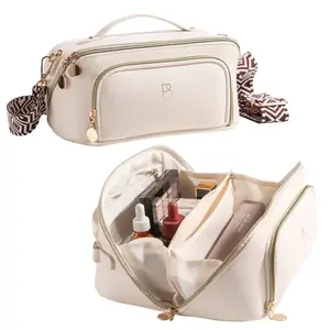 Bolsa de maquillaje de viaje para mujer, bolsa portátil impermeable, neceser, bolsas de cosméticos de gran capacidad con divisor y Asa
