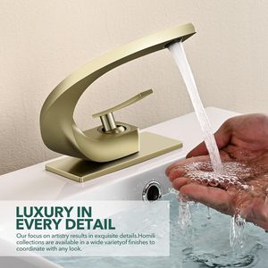 Homili, grifo de lavabo de baño de latón macizo de 1 3 agujeros, grifo de tocador de un solo mango con caño burbujeador, diseño de cascada, oro cepillado - Product Image 2