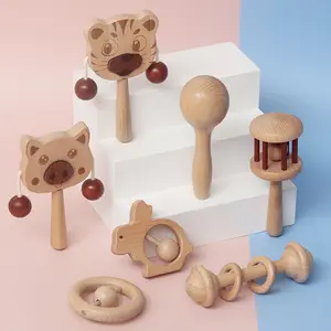 6pcs/set Wholesale Toy Rattle Ball For Baby Baby log gift box Wooden Teether toy For Newborn Rattle For Baby Rattle Sets suit