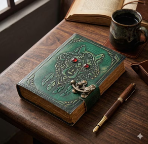 Handmade Green Leather Wolf Journal with <b>Lock</b> Vintage Rustic <b>Diary</b>, Unique Gift Notebook (7x5”) - Product Image 1