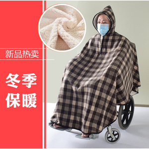 Couverture chaude pour fauteuil roulant, couverture portative extra large à capuche pour l'hiver, pour personnes âgées, en coton, motif à carreaux noirs - Product Image 1