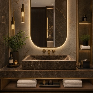 Lavabo Rectangular de Pared para Baño, Mármol Emperador Oscuro Pulido, Diseño Contemporáneo - Product Image 4