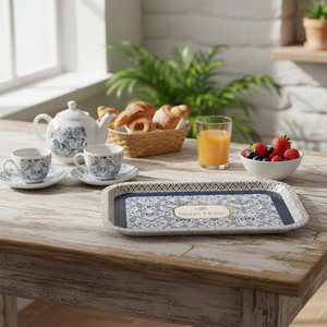 Plateau rectangulaire en métal élégant de 285x400 mm, origine Turquie, motif décoratif bleu et blanc inspiré de l'azulejo, idéal pour servir - Product Image 3