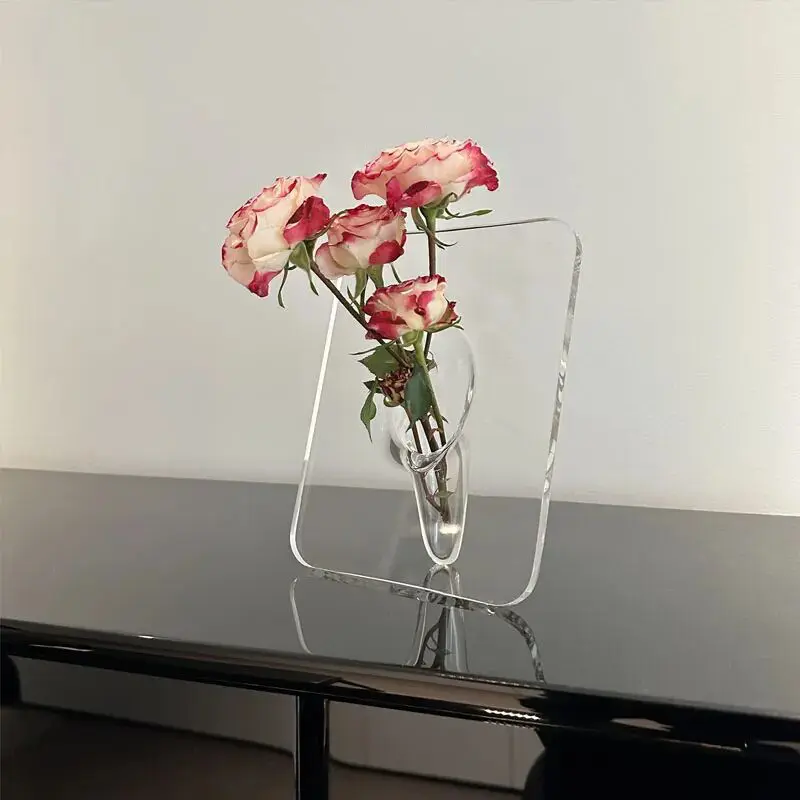 Vaso com moldura de flores hidrópicas para mesa, retangular, retangular, com moldura de acrílico, para decoração de casa, ideal para uso doméstico, ideal para mesa, com formato redondo e transparente