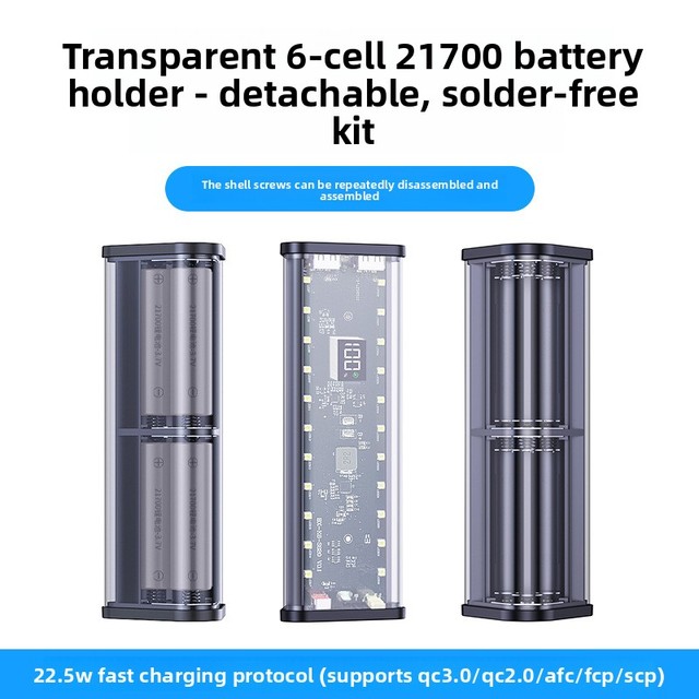 6*21700 DIY Power Bank Kit Case 22.5W Fast Charge Type-C Input/Output Multi-Protocol Support Transparent Detachable Solder-Free