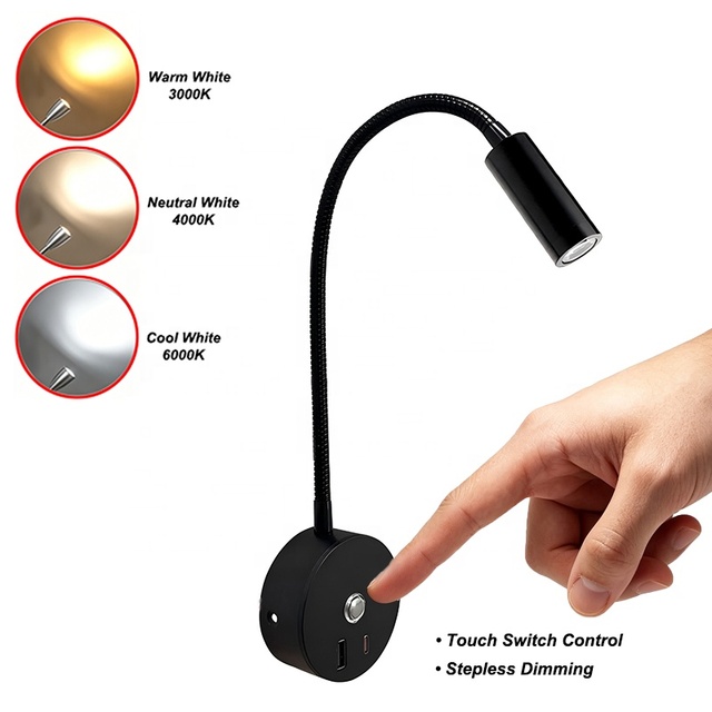 Touch Dimming 12V Warm White RV Interior Caravan Camper Van Bedside Headboard Flexible Gooseneck Lamp Bed Wall-Mounted LED Light