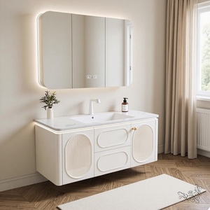 Modern smart white wall mounted bathroom <b>vanity</b> with <b>LED</b> smart mirror and storage drawers - Product Image 1