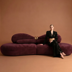 Set di Divani Angolari Moderni in Flanella Bordeaux con Dettagli in Metallo Dorato, Forma Semicircolare per Casa <span class=keywords><strong>e</strong></span> Hotel - Product Image 1
