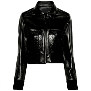 Embossed Croco <b>Leather</b> Bomber Jacket Women's <b>Short</b> Zipper Closure Turn-down Collar Full Sleeve Solid Black - Product Image 1