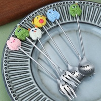 Kreatives Edelstahl-Set aus Obstgabeln und Dessertlöffeln - Niedliches Cartoon-Design mit Hanfrad-Lichtpolitur für Kuchen und Mixgetränke