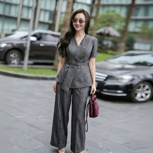 Q9069 OEM Custom <b>Women</b> Smart Casual Breathable Minimalist Wide Leg Pants Summer <b>Trousers</b> - Product Image 1