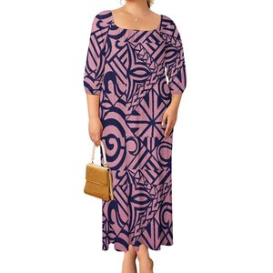 Abito Comodo in Poliestere e Cotone, Abbigliamento Polinesiano Plus Size per Donne, Elegante Vestito Lungo a Sirena con Maniche a Sbuffo - Product Image 2