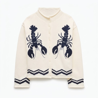 Kardigan Rajut Wanita Motif Lobster Jacquard Katun Kerah Tinggi Kancing Depan Motif Laut Model Drop-Shoulder Slouchy