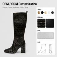 Bottes montantes zippées noires et dorées à carreaux pour femme, à talon épais, en cuir véritable, collection automne, avec support pour logo personnalisé
