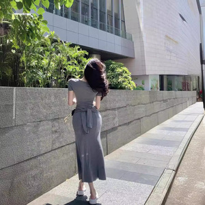 Women Bodycon Maxi Dress Long Skirt Solid Color Gray Sexy Slim Fit Waist Cinching Design Summer Vacation Wear - Product Image 5