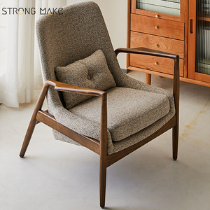 Meubles de salon chaise d'appoint en bois design à dossier haut chaise longue moderne du milieu du siècle avec pouf - Product Image 2