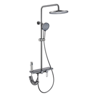 Système de douche gris anthracite moderne avec étagère de rangement, ensemble de douche mural à effet pluie avec douchette à main et pulvérisateur de bidet