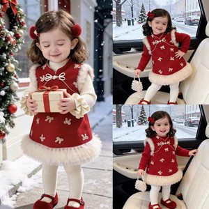 Tongxingyuan Baby Girls Chinese Style Cheongsam Dress Red New Year Outfit With Fur Trim And Bow Detail For Celebration - Product Image 2